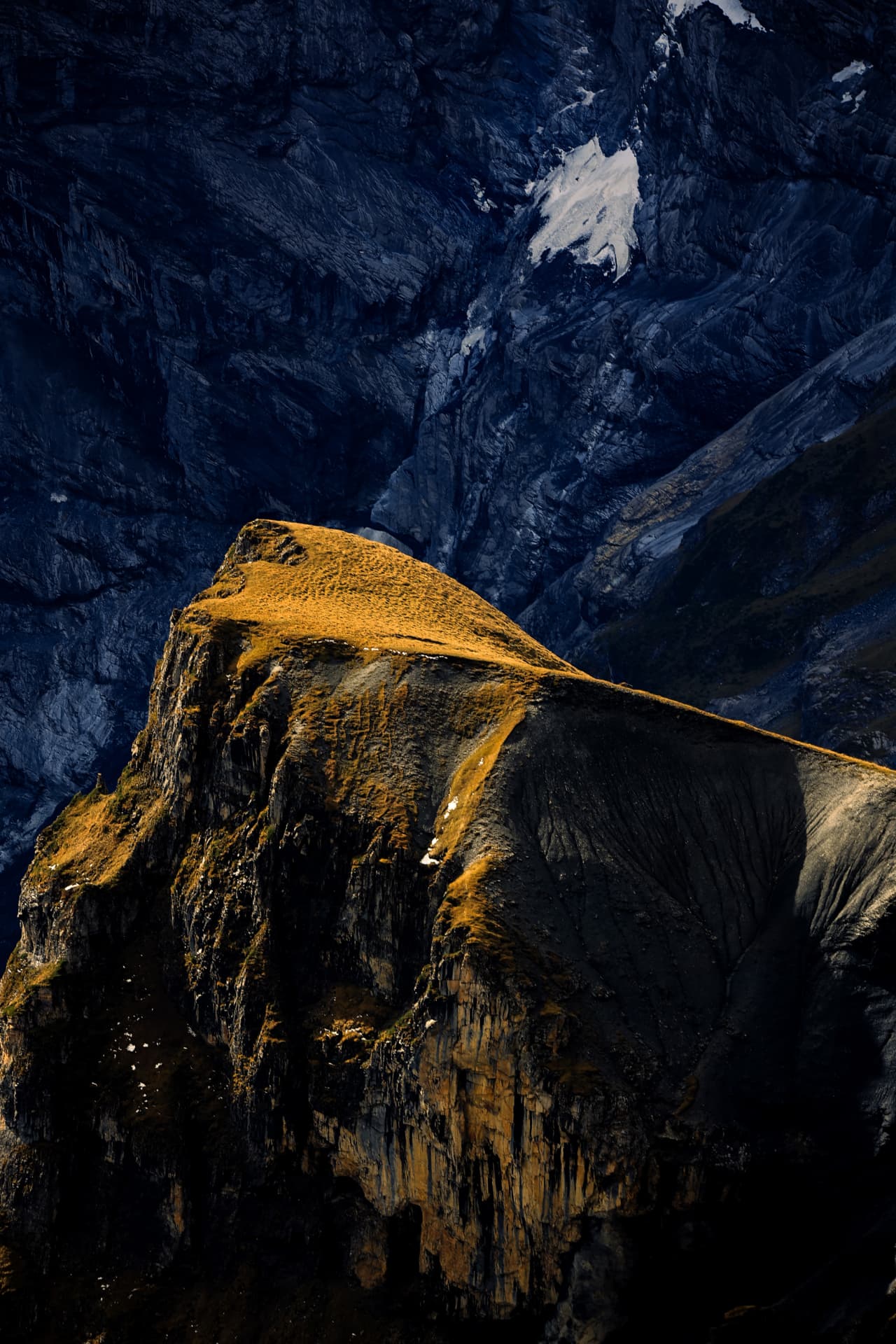 Goldener Felsrücken im Sonnenlicht vor dunkler Bergwand