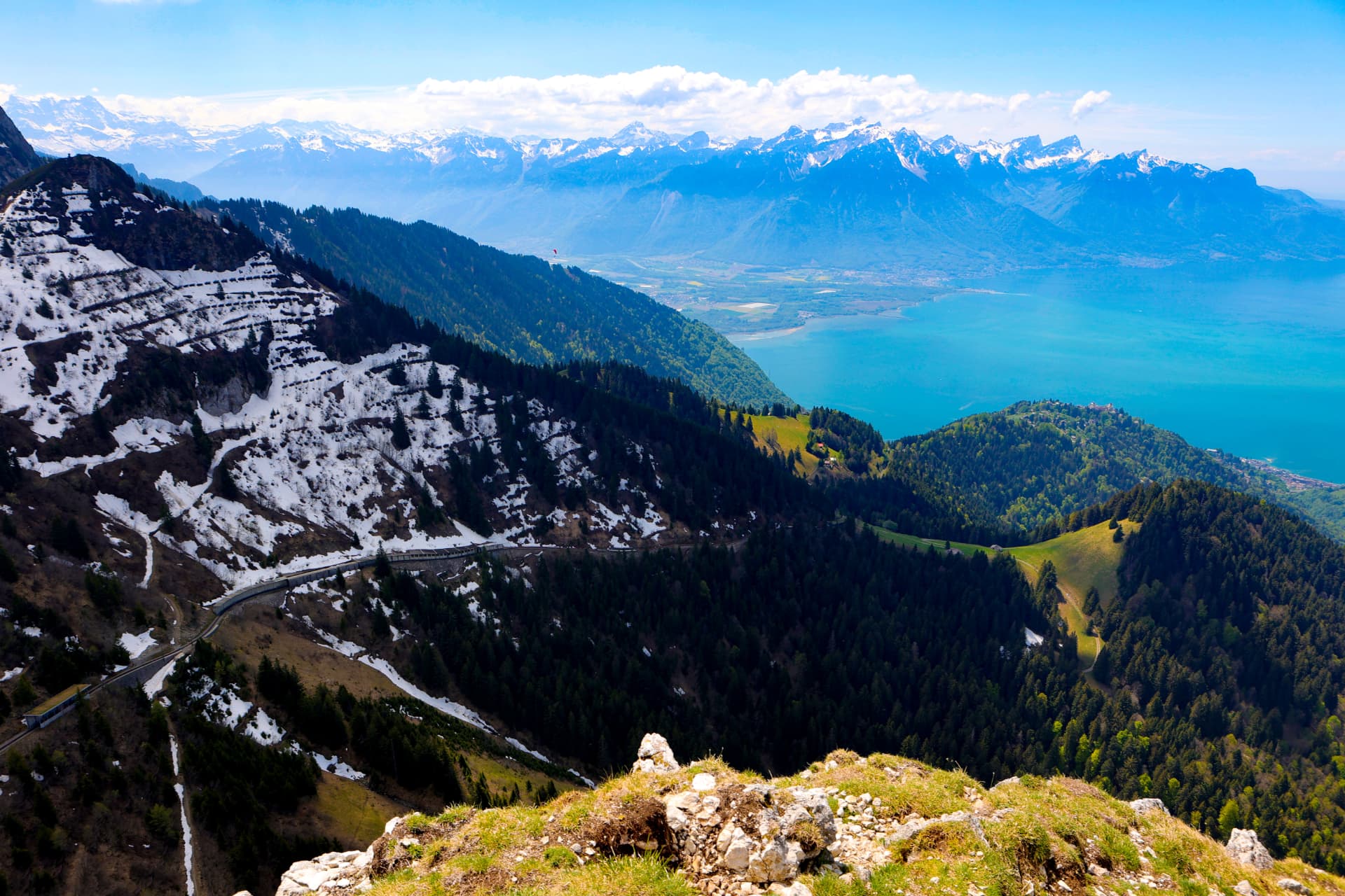 Hänge der Rochers de Naye und der Genfersee mit Alpenpanorama