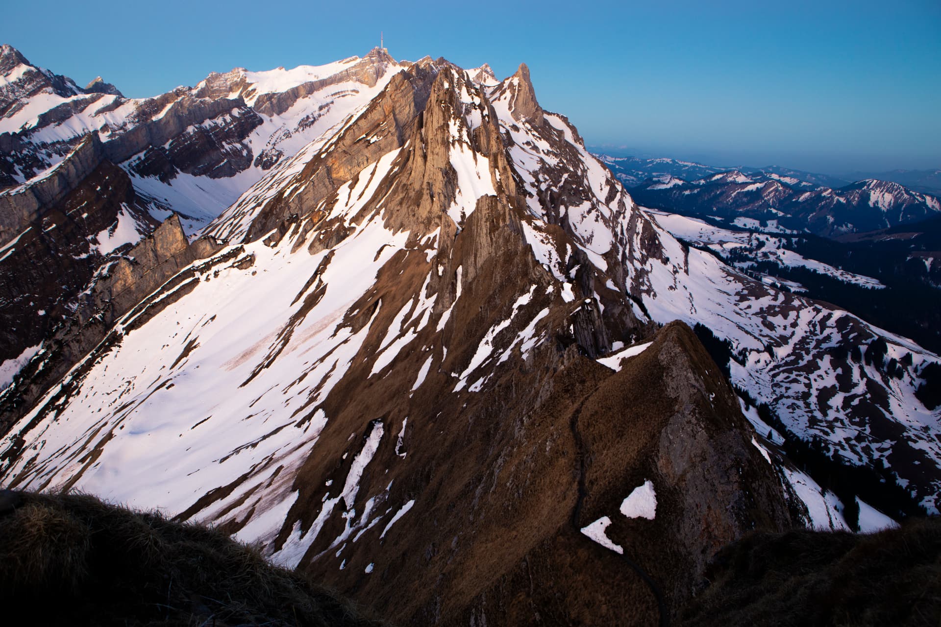Panorama des Alpsteins mit dem Säntis im kühlen Morgenlicht